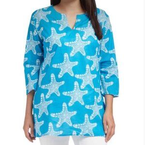 Kikisol Aqua White Starfish 100% Cotton Lightweight Tunic Coverup- XXL
